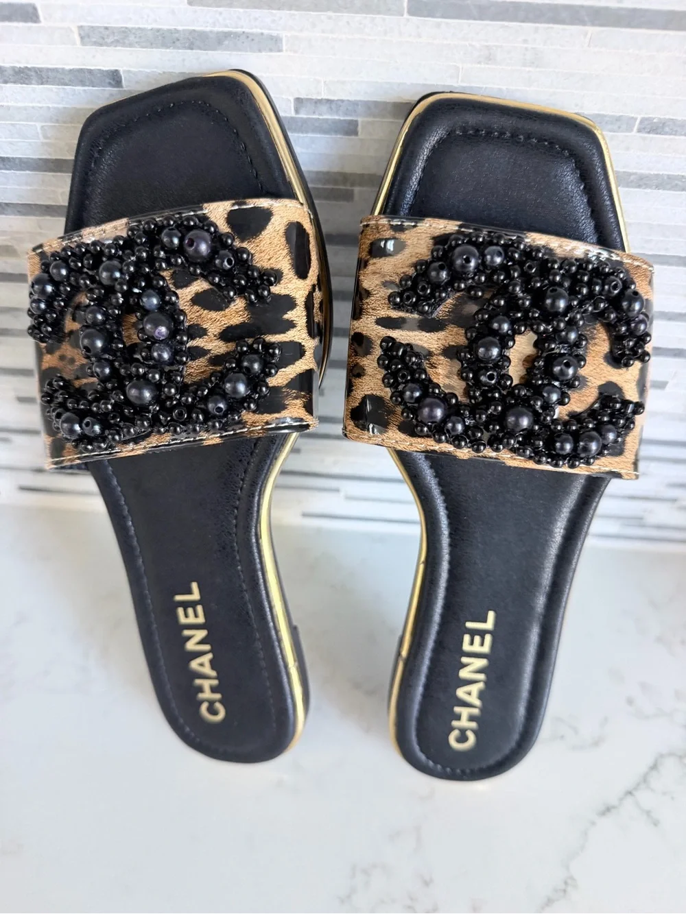 CHANEL Leopard Beaded Slide Mules in Black & Brown size 6